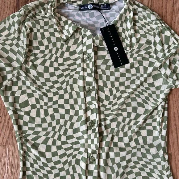 Daisy Street Kaleidoscope Dress Green White Checkered - Picture 3 of 4